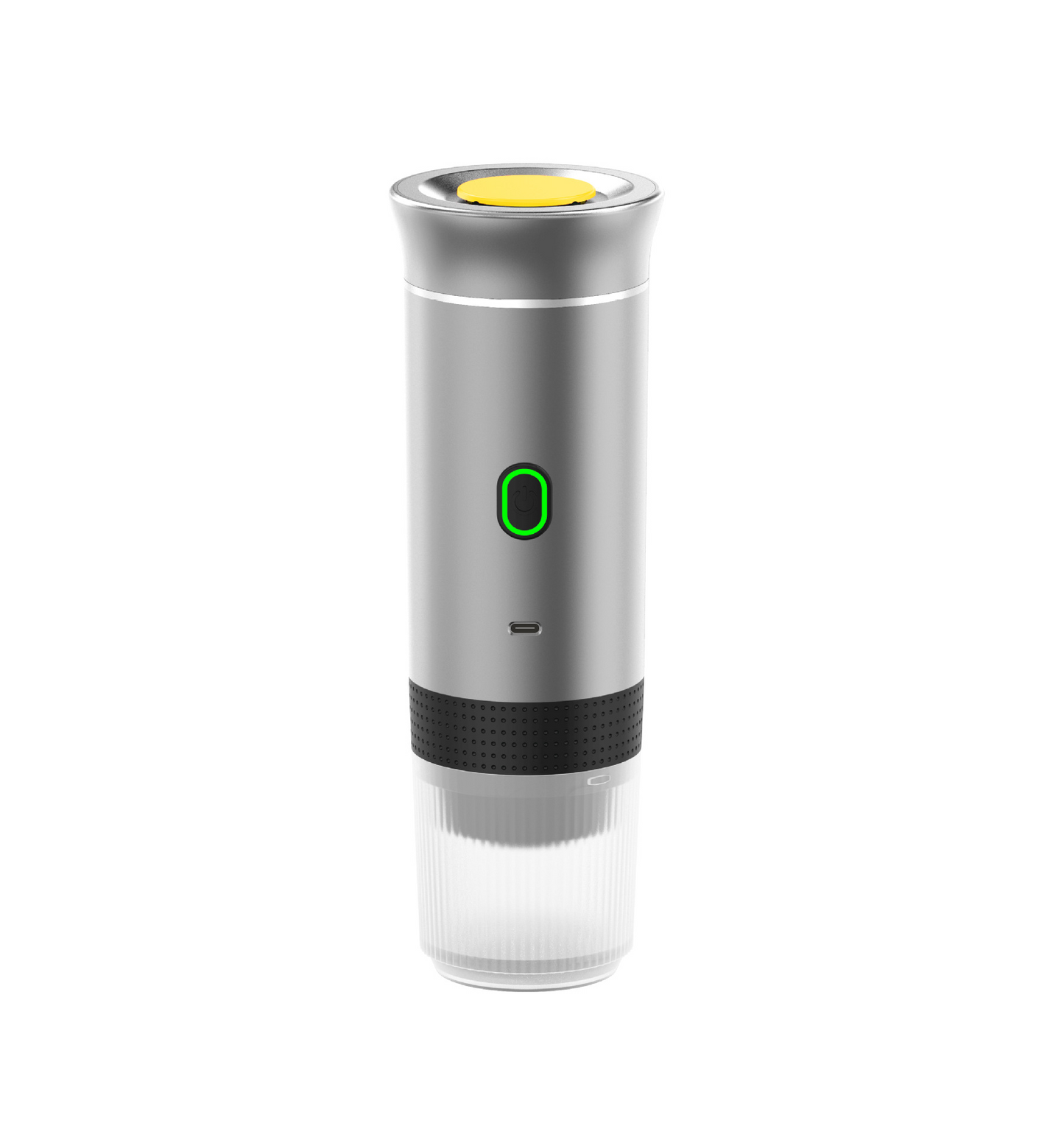 Silver BACKUPMYFILESNOW.COM® portable coffee machine with compact design for easy brewing on the go.