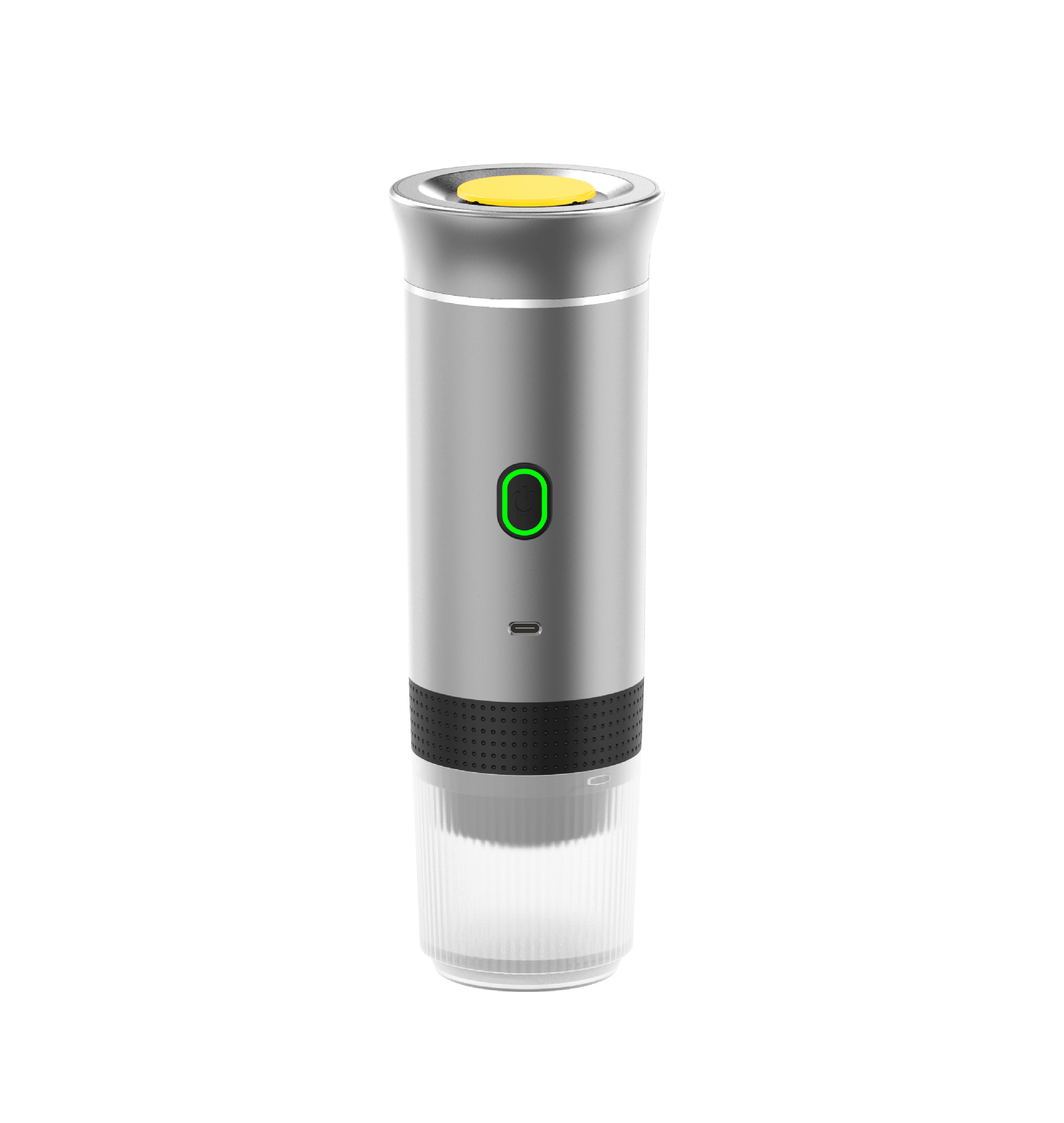 Silver BACKUPMYFILESNOW.COM® portable coffee machine with compact design for easy brewing on the go.