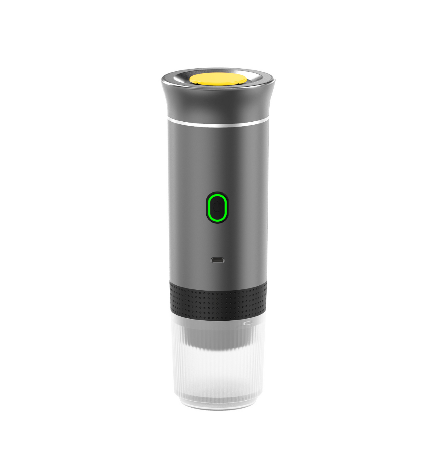 Silver portable coffee machine by BACKUPMYFILESNOW.COM® with compact design and visible brewing area.
