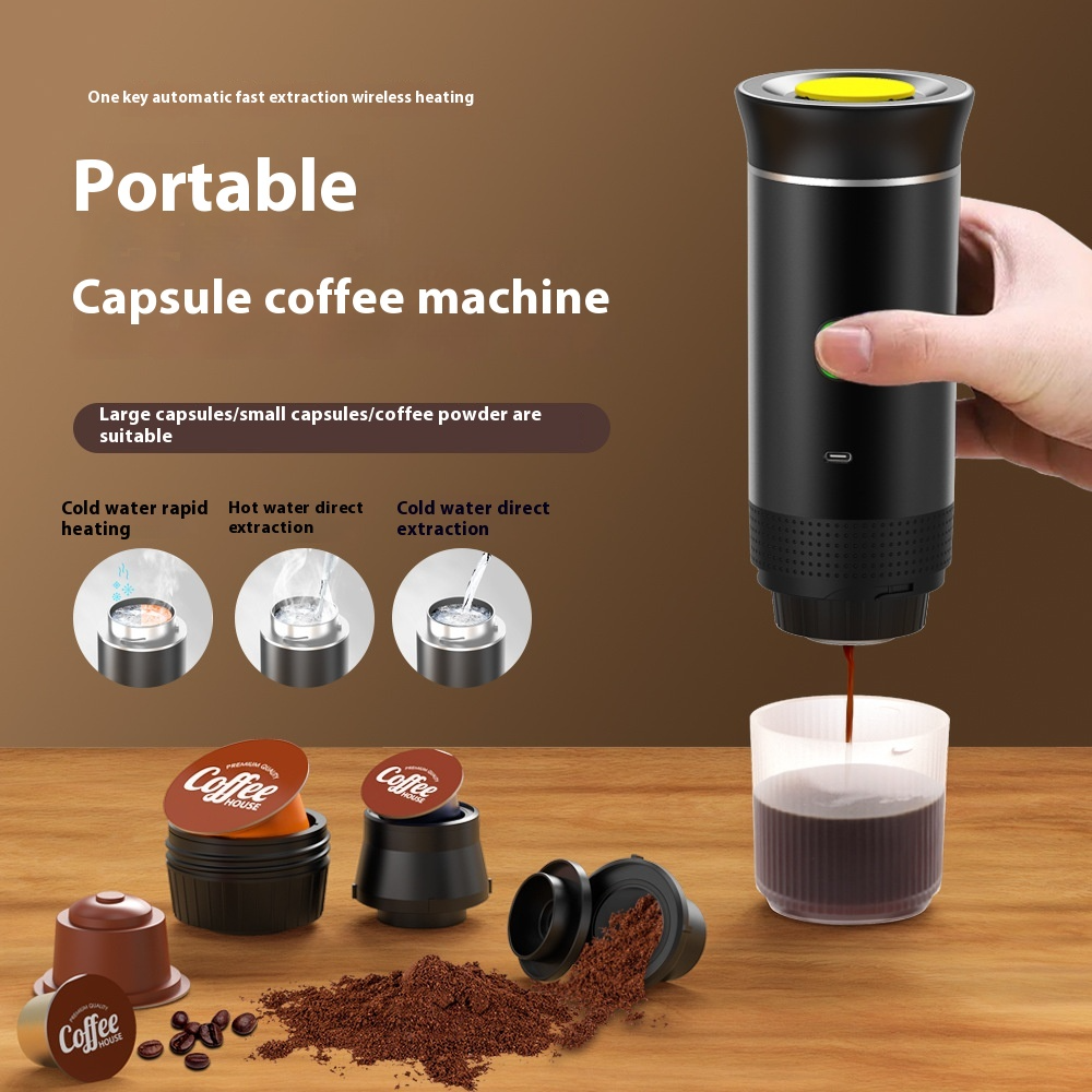 Silver portable coffee machine by BACKUPMYFILESNOW.COM® with compact design, ideal for brewing coffee on the go.