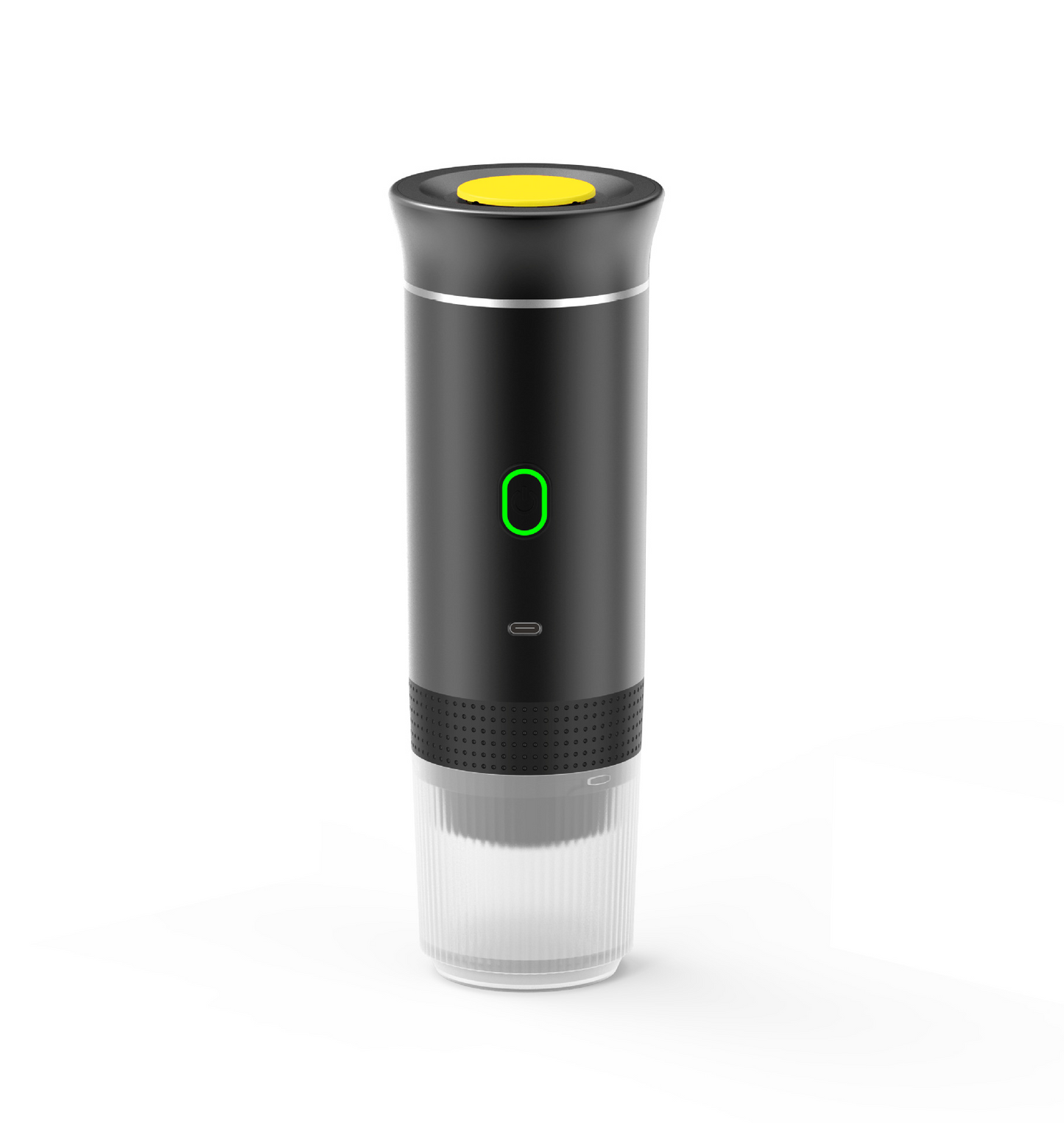 Silver portable coffee machine by BACKUPMYFILESNOW.COM® with compact design, perfect for brewing coffee on the go.