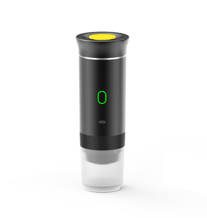 Silver portable coffee machine by BACKUPMYFILESNOW.COM® with compact design, perfect for brewing coffee on the go.