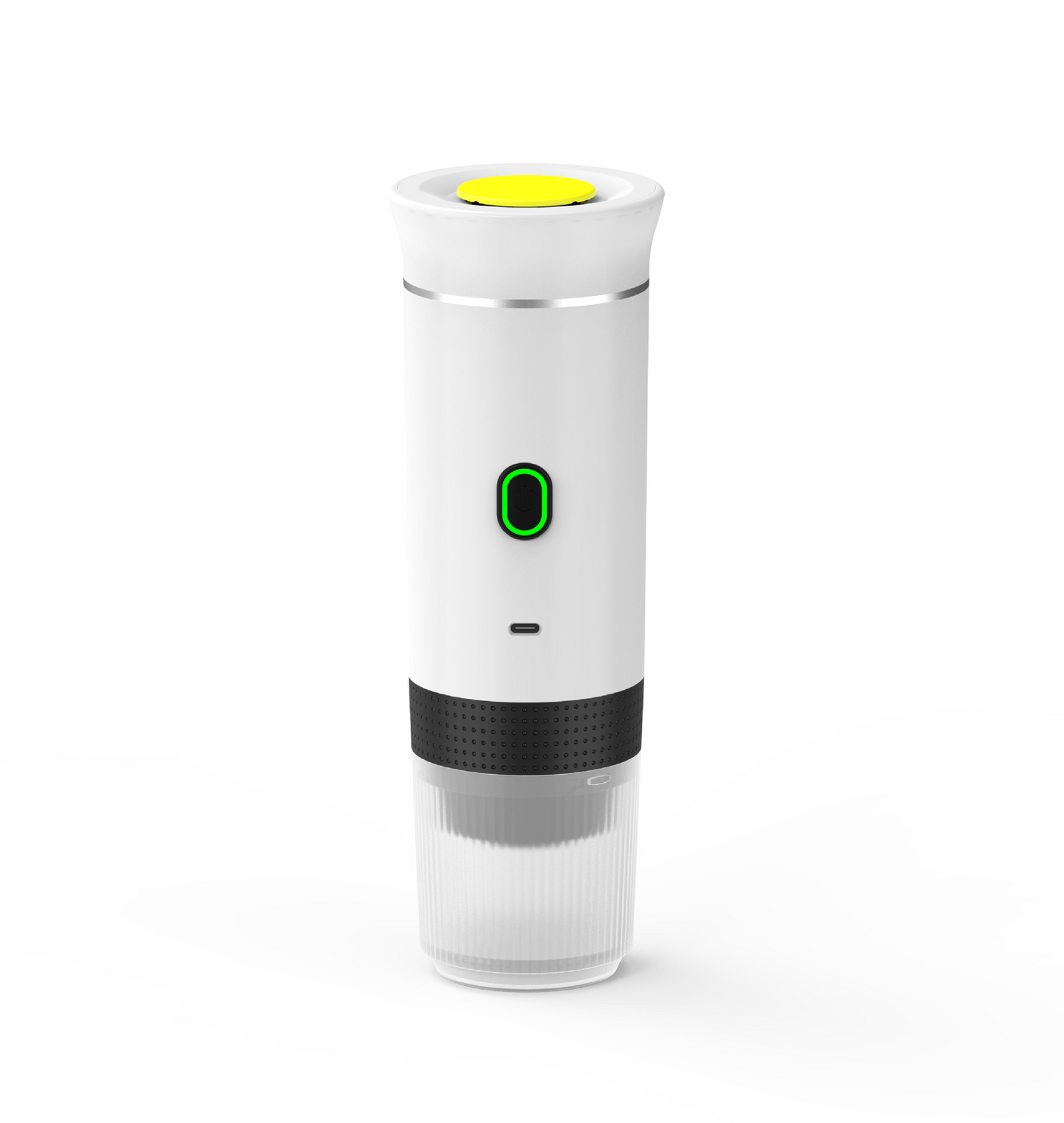 Silver portable coffee machine by BACKUPMYFILESNOW.COM® with compact design and easy-to-use brewing features.