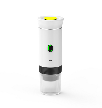 Silver portable coffee machine by BACKUPMYFILESNOW.COM® with compact design and easy-to-use brewing features.