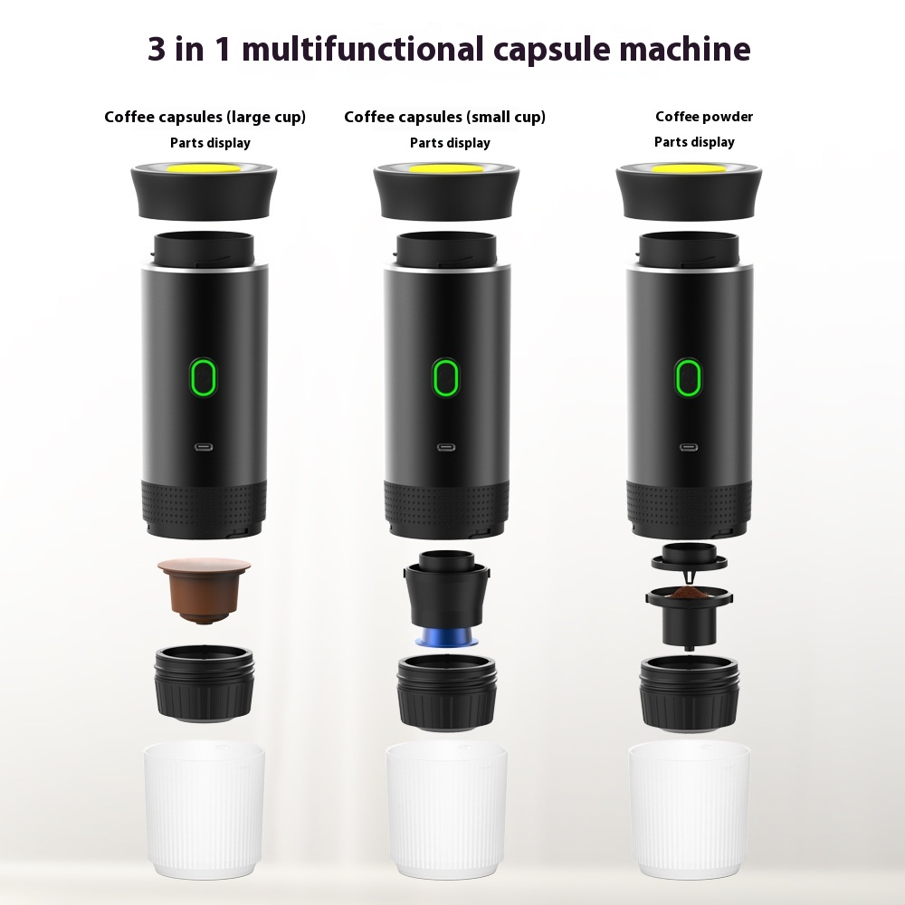 Silver portable coffee machine from BACKUPMYFILESNOW.COM®, compact design ideal for brewing coffee on the go.