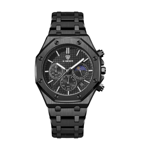 Men's moon phase watch by BACKUPMYFILESNOW.COM® with multifunctional dial showing date, time, and lunar cycle details.