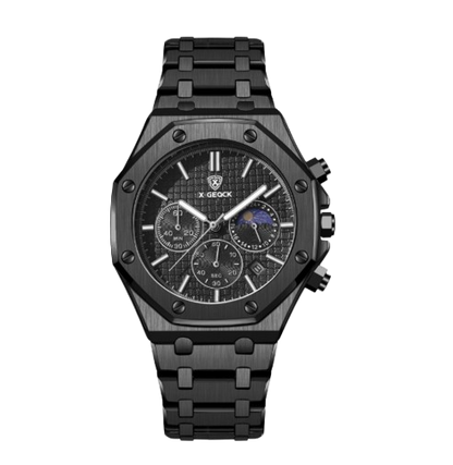 Men's moon phase watch by BACKUPMYFILESNOW.COM® with multifunctional dial showing date, time, and lunar cycle details.