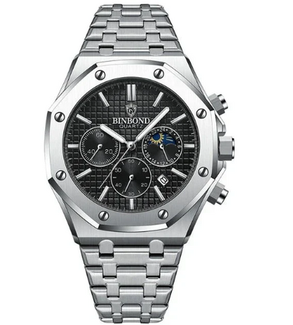 BackupMyFilesNow Men's Savoi Binbond Moon Phase Watch showing the dial with moon phase display and multifunctional features.