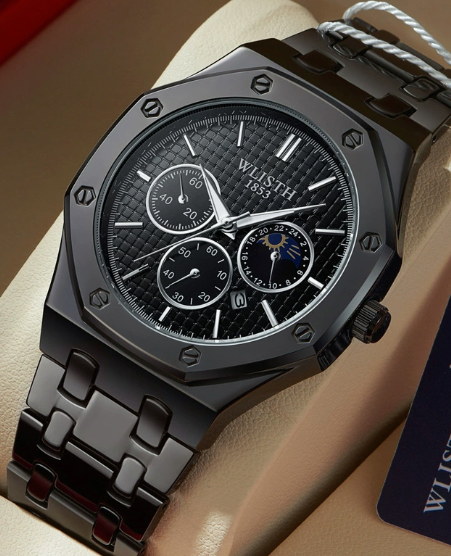 Men's moon phase watch by BACKUPMYFILESNOW.COM® with multifunctional features and classic design on a black strap.