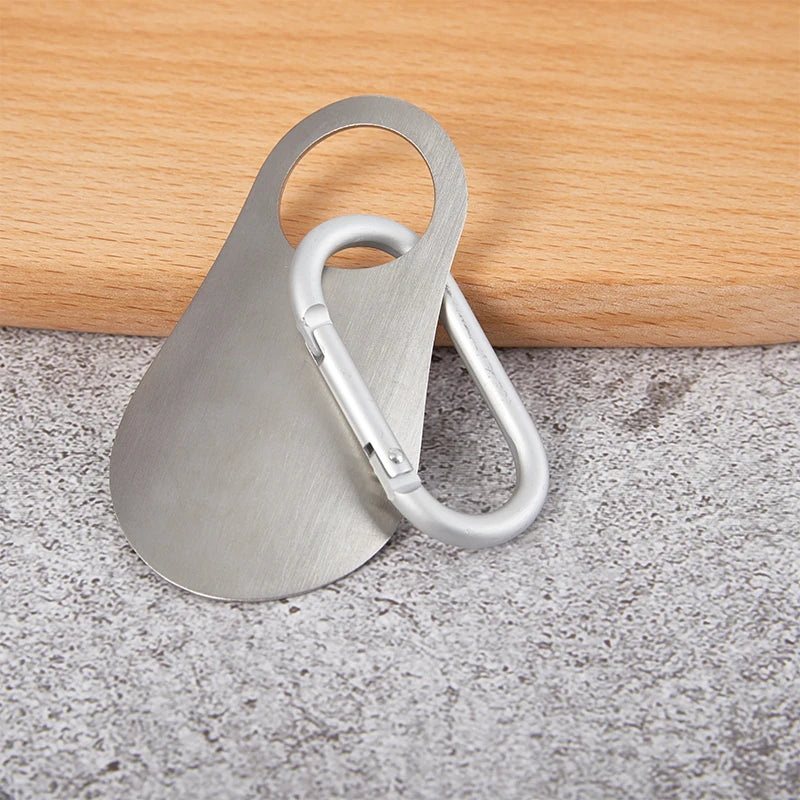 Stainless steel 7.5cm shoehorn with carabiner by BackupMyFilesNow, compact shoe lifting tool for easy footwear assistance.