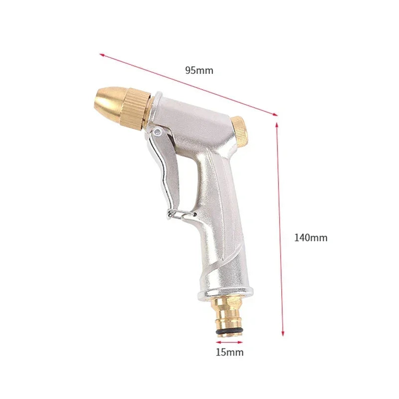High pressure metal brass spray gun for garden hose, lawn, and car wash, with adjustable nozzle and water spray features.
