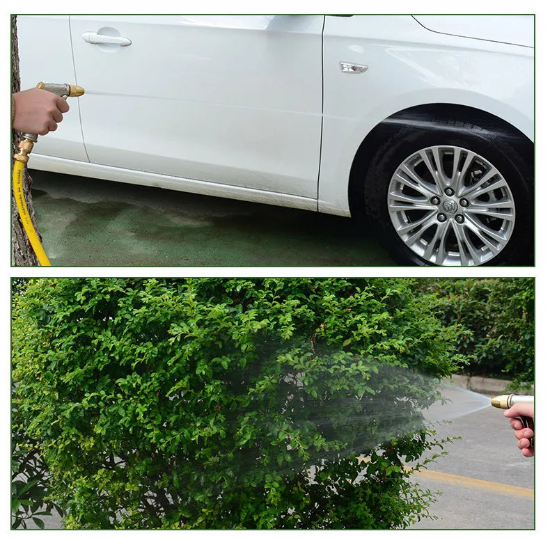 High pressure water spray gun with metal brass nozzle for garden hose, lawn, car wash, and outdoor cleaning.