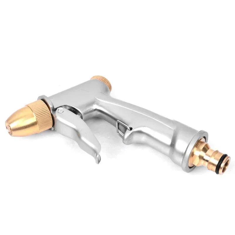 High pressure metal brass water spray gun with nozzle for garden hose, lawn cleaning, car wash, and outdoor watering.