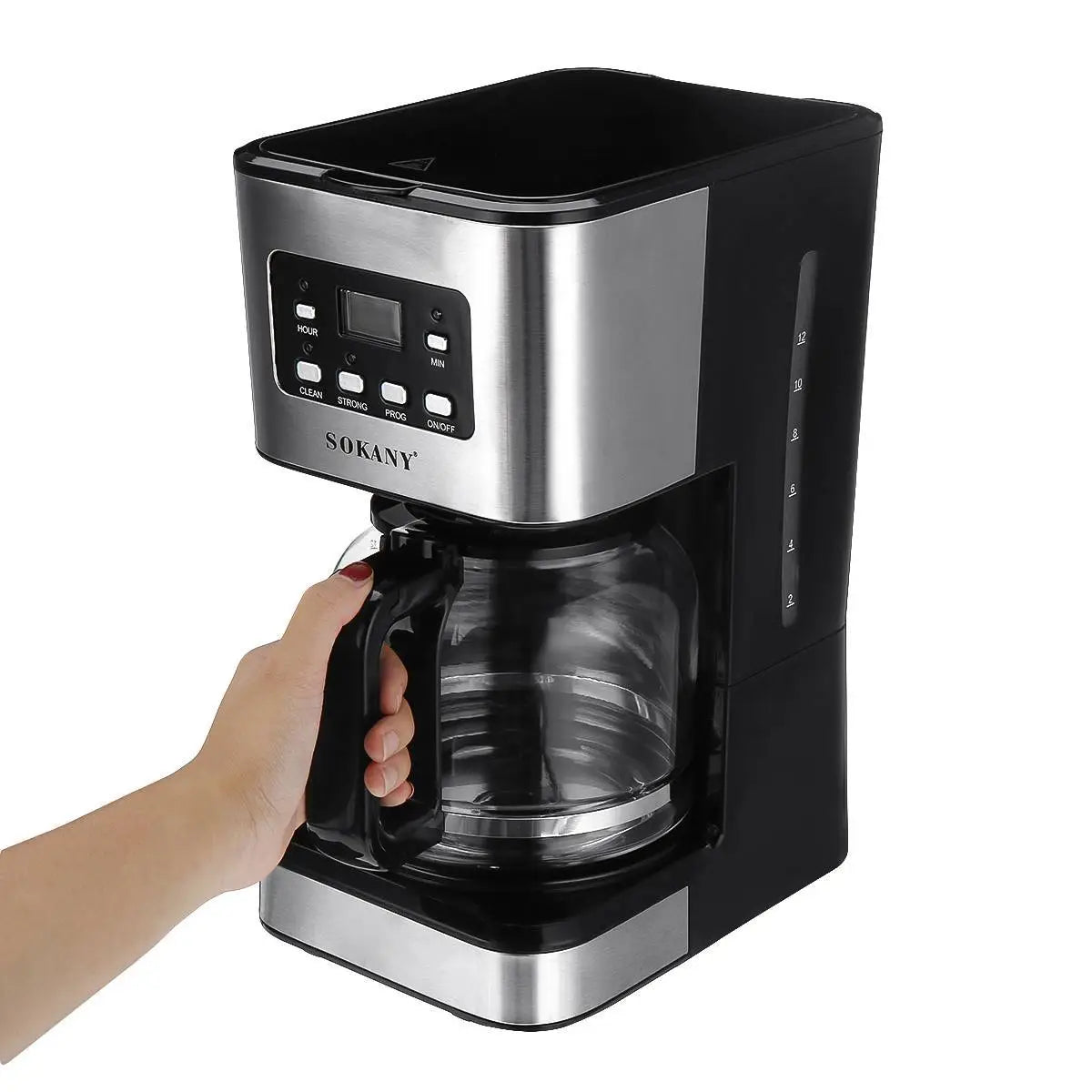 Silver BACKUPMYFILESNOW.COM® automatic American drip coffee machine for home brewing.
