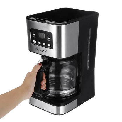Silver BACKUPMYFILESNOW.COM® automatic American drip coffee machine for home brewing.