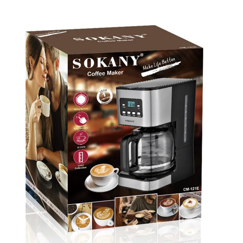 Silver BACKUPMYFILESNOW.COM® automatic American drip coffee machine for home brewing with digital control and sleek design.