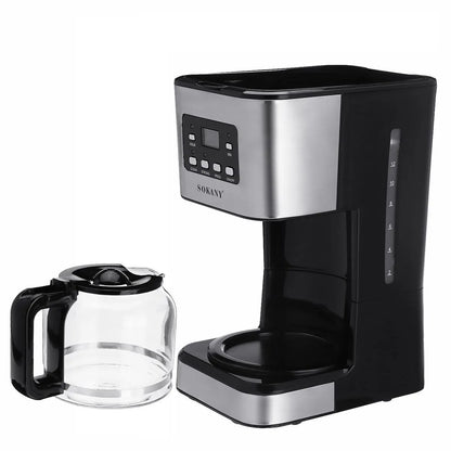 Silver BACKUPMYFILESNOW.COM® automatic American drip coffee machine for home brewing with a sleek design and user-friendly features.