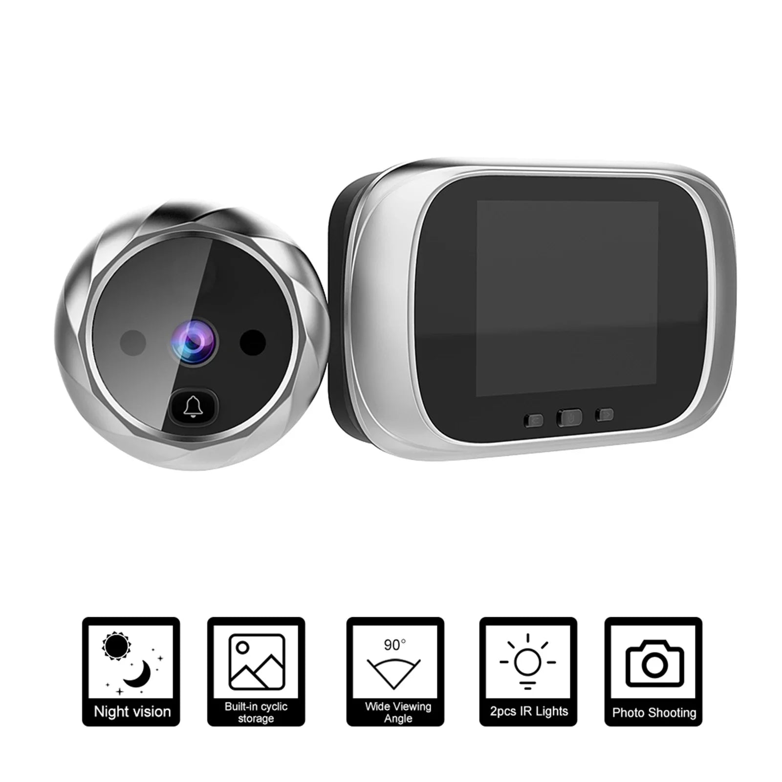 Silver digital door viewer with 2.8-inch screen, night vision, and doorbell camera for home security monitoring.