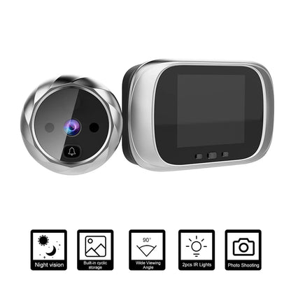 Silver digital door viewer with 2.8-inch screen, night vision, and doorbell camera for home security monitoring.