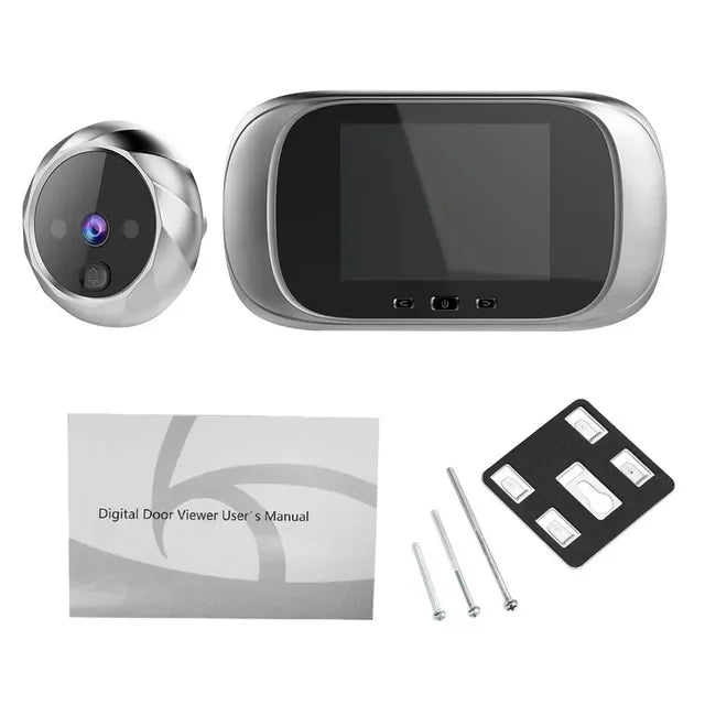 Silver digital door viewer with 2.8-inch screen, night vision, and camera for home security and door monitoring.