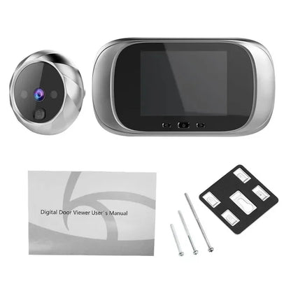 Silver digital door viewer with 2.8-inch screen, night vision, and camera for home security and door monitoring.
