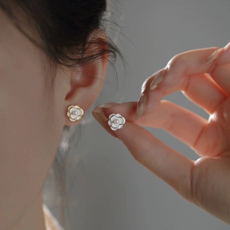 Sterling silver Camellia stud earrings with pearls, stylish and high-end women's autumn jewelry by BackupMyFilesNow.com