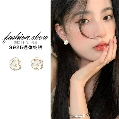Sterling silver Camellia stud earrings with pearls, elegant women's autumn accessories, high-end trendy jewelry by BackupMyFilesNow.com