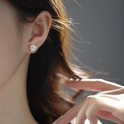 925 sterling silver Camellia stud earrings with pearls, trendy high-end women's autumn jewelry, elegant accessory for fall fashion