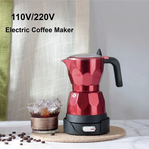 Red 150ml electric coffee maker and percolator with aluminum mocha pot, portable 3-cup Italian coffee machine for home use.