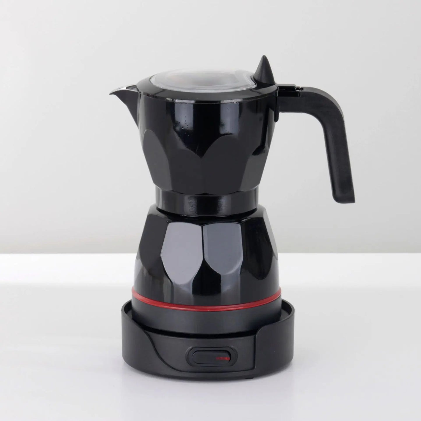 Red portable electric coffee maker with 150ml capacity, 3 cups, aluminum mocha pot, suitable for 110V/220V home use.