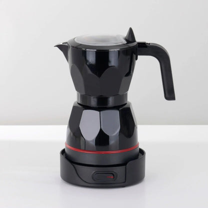 Red portable electric coffee maker with 150ml capacity, 3 cups, aluminum mocha pot, suitable for 110V/220V home use.