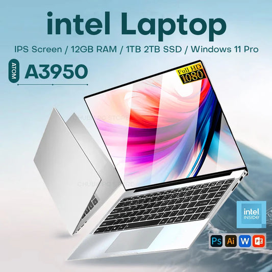 Silver 14.1-inch Intel Atom A3950 laptop with Windows 11 Pro, 12GB RAM, 512GB SSD, 1TB HDD, full HD display, office computer