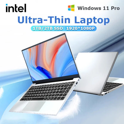 Silver 14.1-inch Windows 11 Pro laptop with Intel Atom A3950, 12GB RAM, 2TB SSD, 1080p HD display, ultra-slim design.