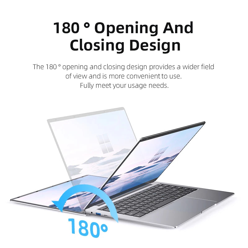 Silver 14.1-inch Windows 11 Pro laptop with Intel Atom A3950, 12GB RAM, 2TB SSD, 1080p HD display, ultra-slim design.