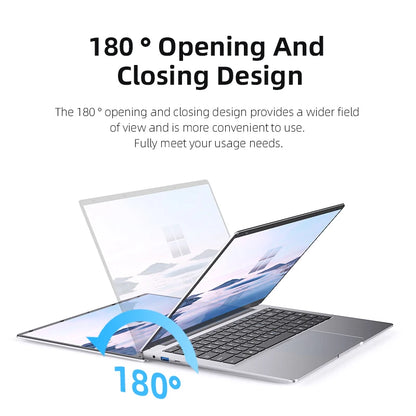 Silver 14.1-inch Windows 11 Pro laptop with Intel Atom A3950, 12GB RAM, 2TB SSD, 1080p HD display, ultra-slim design.