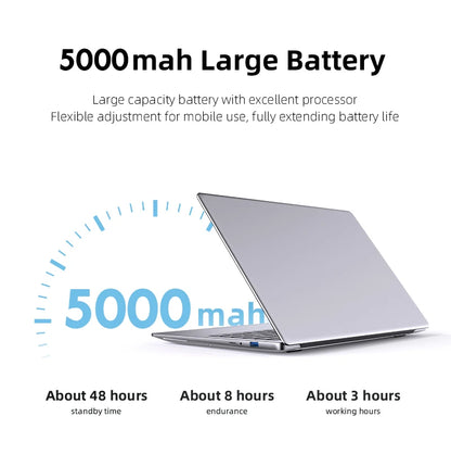 Silver 14.1-inch Windows 11 Pro laptop with Intel Atom A3950, 12GB RAM, 2TB SSD, 1080p HD display, ultra-slim design.