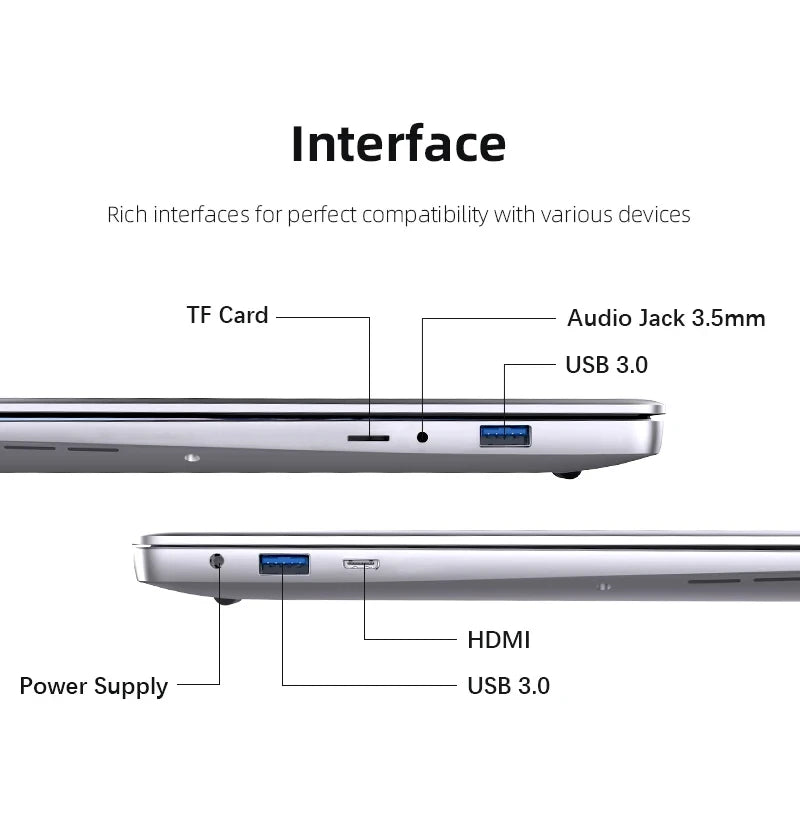 Silver 14.1-inch Windows 11 Pro laptop with Intel Atom A3950, 12GB RAM, 2TB SSD, 1080p HD display, slim design, ideal for office and study.