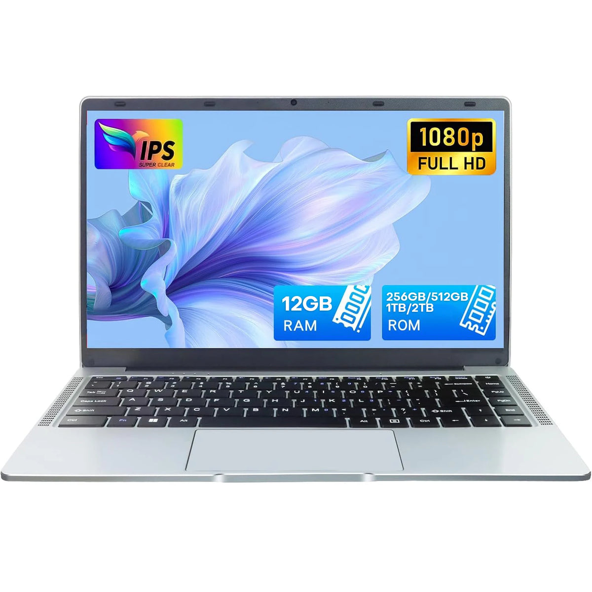 Silver 14.1-inch Windows 11 Pro laptop with Intel Atom A3950, 12GB RAM, 2TB SSD, and 1080p HD display for office and study.