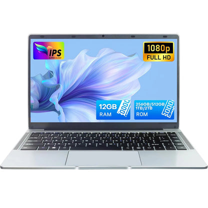 Silver 14.1-inch Windows 11 Pro laptop with Intel Atom A3950, 12GB RAM, 2TB SSD, and 1080p HD display for office and study.