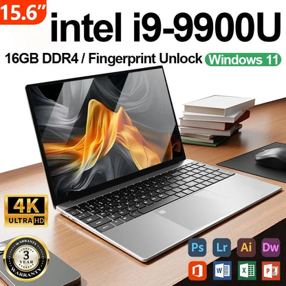 Silver office laptop with Intel Core i9, 15.6-inch 4K HD screen, 16GB RAM, 1TB SSD, Windows 11, slim and portable design.