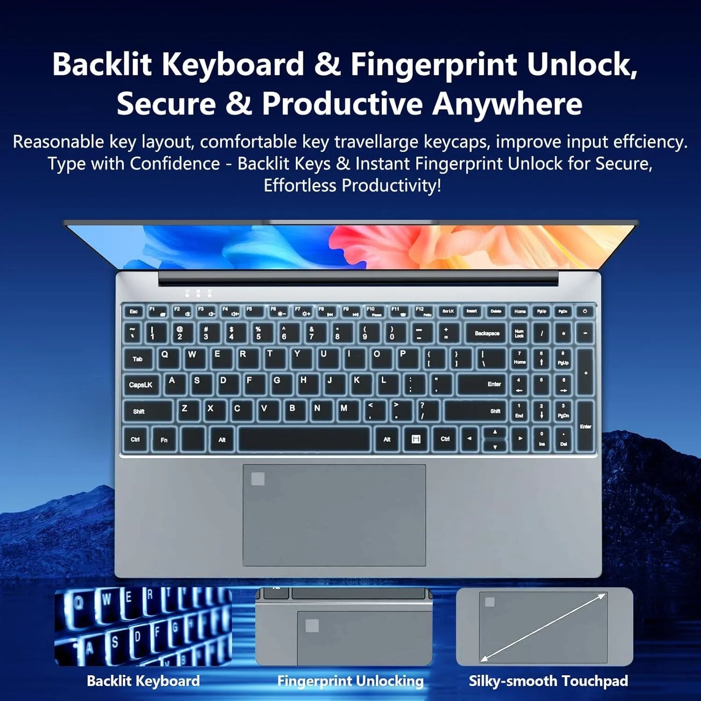 Silver office laptop with 15.6-inch 4K HD screen, Intel Core i9, 16GB RAM, 1TB SSD, Windows 11, portable slim design.