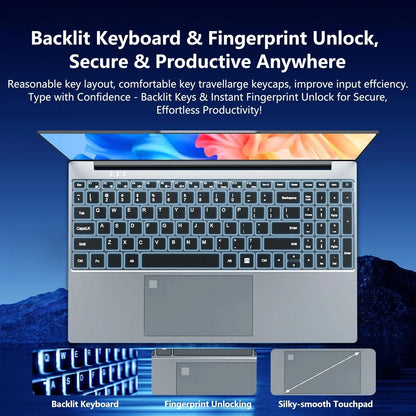Silver office laptop with 15.6-inch 4K HD screen, Intel Core i9, 16GB RAM, 1TB SSD, Windows 11, portable slim design.