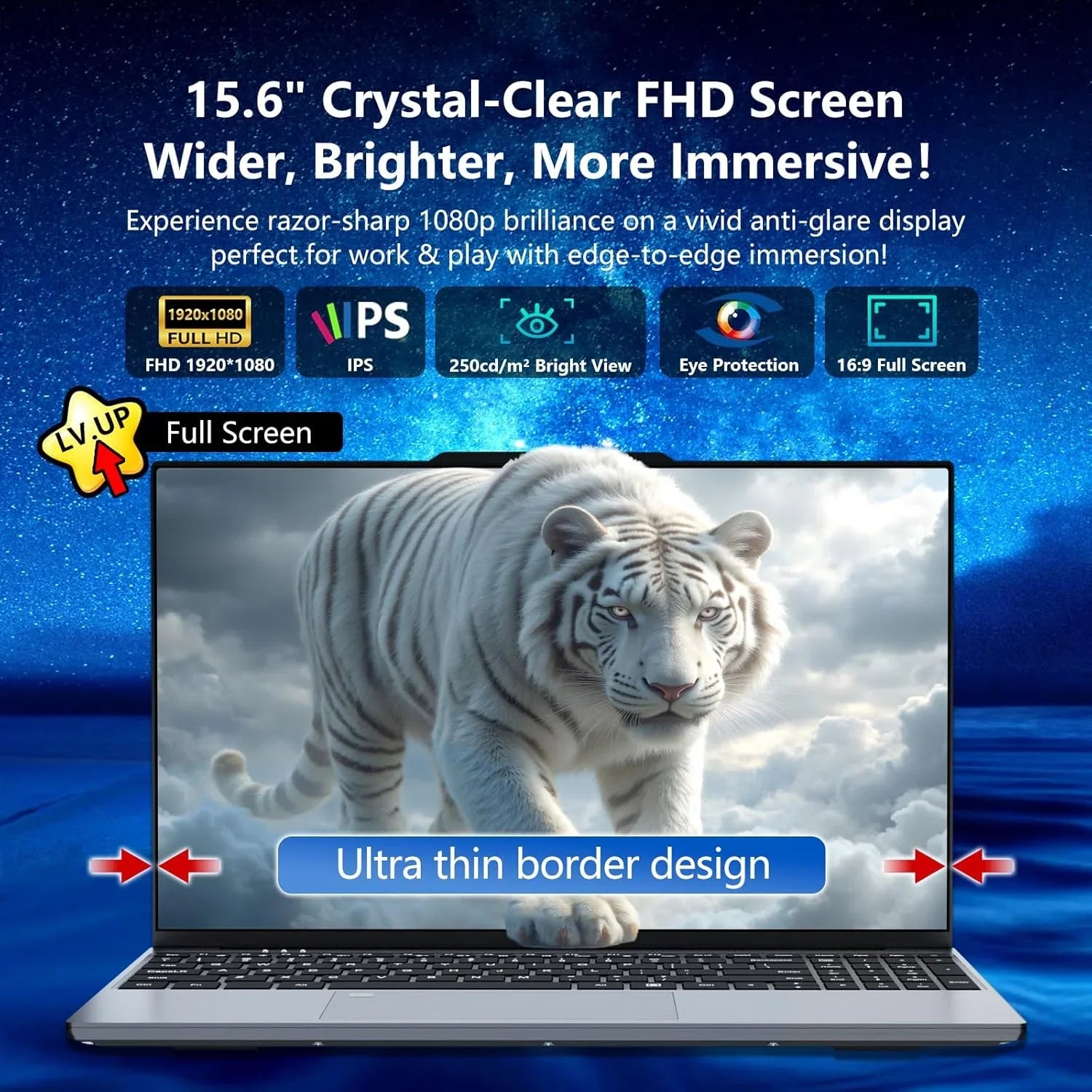 Silver office laptop with 15.6-inch 4K HD screen, Intel Core i9, 16GB RAM, 1TB SSD, running Windows 11, slim and portable.