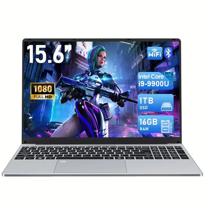Silver office laptop with 15.6-inch 4K HD screen, Intel Core i9, 16GB RAM, 1TB SSD, running Windows 11, portable and slim.