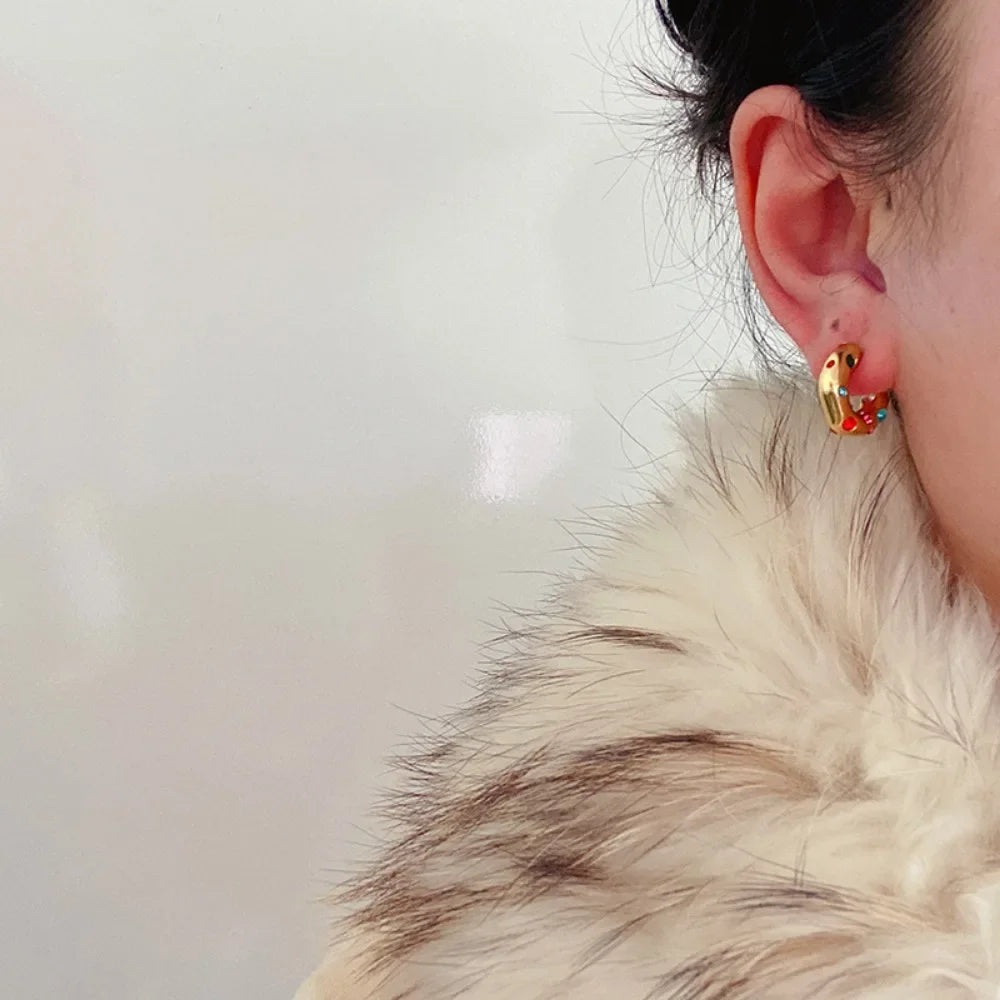 Gold plated stainless steel chunky earrings for women featuring irregular pearls and zircon accents, statement fashion jewelry