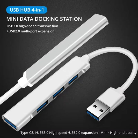 Silver New Trend 4-in-1 USB C docking hub by BackupMyFilesNow.com with multiple ports for laptops and phones.