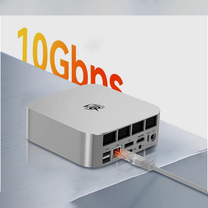 Silver SER9 MAX MINI PC with AMD Ryzen 7 H, DDR5, 1TB NVMe SSD, WiFi 6, Bluetooth 5.2, 10Gbps LAN, and quiet gaming design.