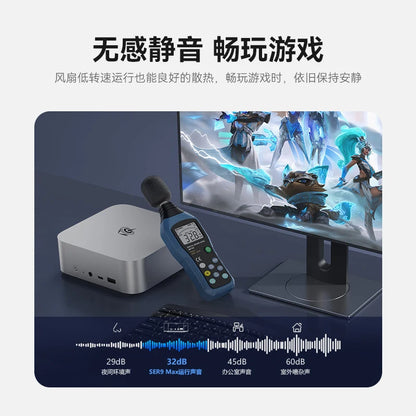 Silver SER9 MAX Mini PC with AMD Ryzen 7 H, DDR5 RAM, 1TB NVMe SSD, WiFi 6, Bluetooth 5.2, and PCIe 4.0 for gaming and performance.