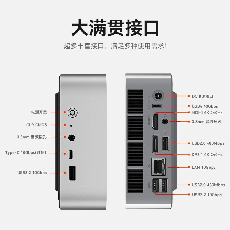 Silver SER9 MAX Mini PC with AMD Ryzen 7 H, DDR5 RAM, 1TB NVMe SSD, Wi-Fi 6, Bluetooth 5.2, 10Gbps LAN, and silent gaming design.