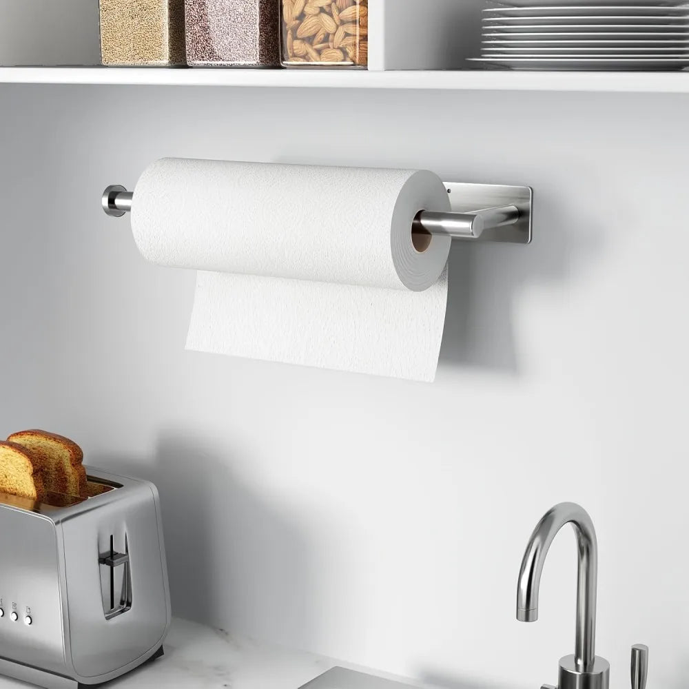Stainless steel paper towel holder by BACKUPMYFILESNOW.COM®, self-adhesive under cabinet roll holder for kitchen storage and organization.